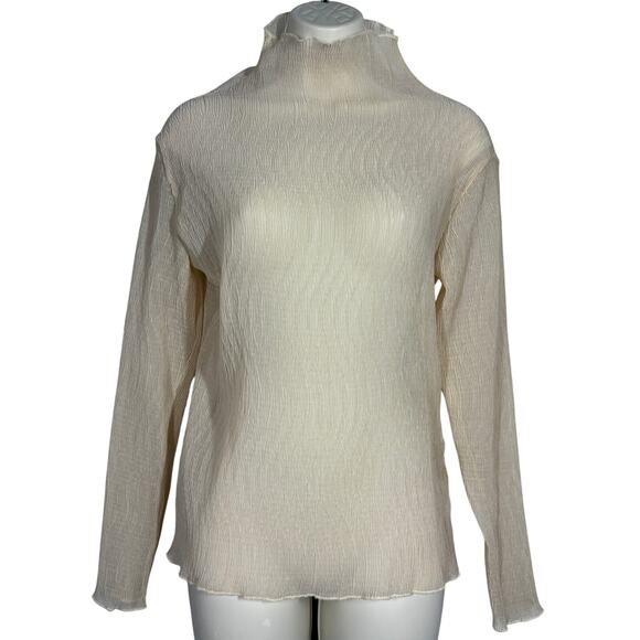 Wavy Mock Neck Top Snug Slim Fit VERY SHEER Nude Peach Cream - M - Picture 1 of 5